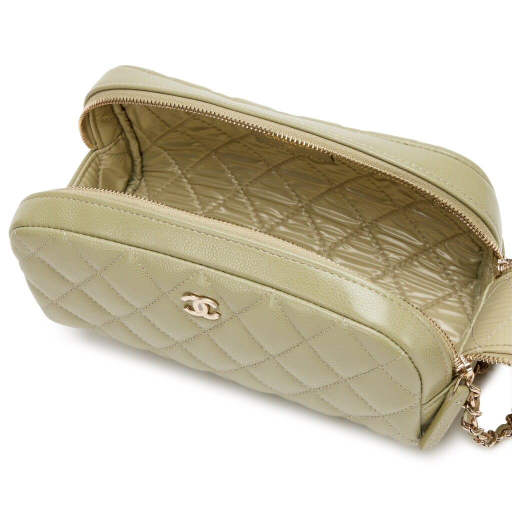 Light Army Green Quilted Caviar Double Zip Cosmetic Pouch with Chain Light Gold Hardware, 2024