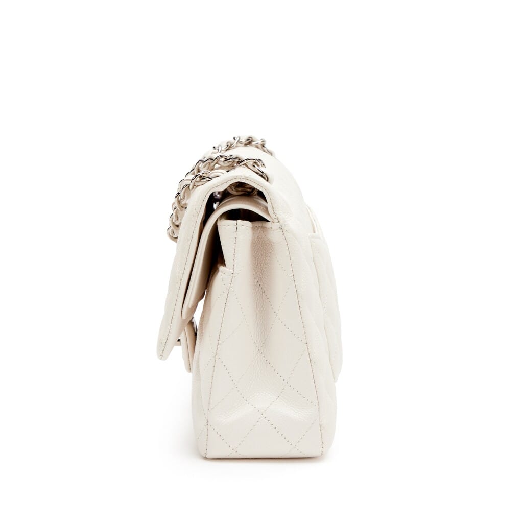 Ivory White Quilted Caviar Medium Classic Double Flap Bag Silver Hardware, 2021