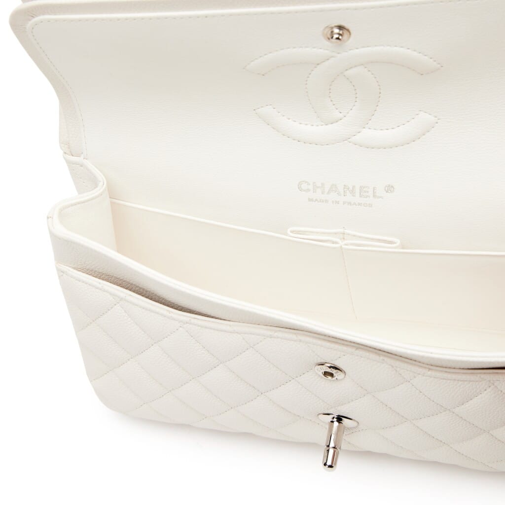 Ivory White Quilted Caviar Medium Classic Double Flap Bag Silver Hardware, 2021