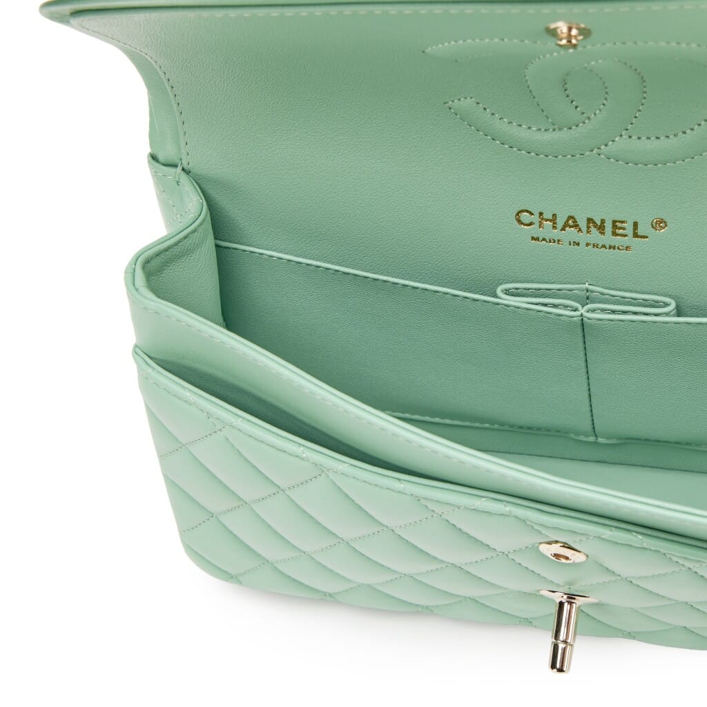 Light Green Quilted Lambskin Medium Classic Double Flap Bag Light Gold Hardware, 2021