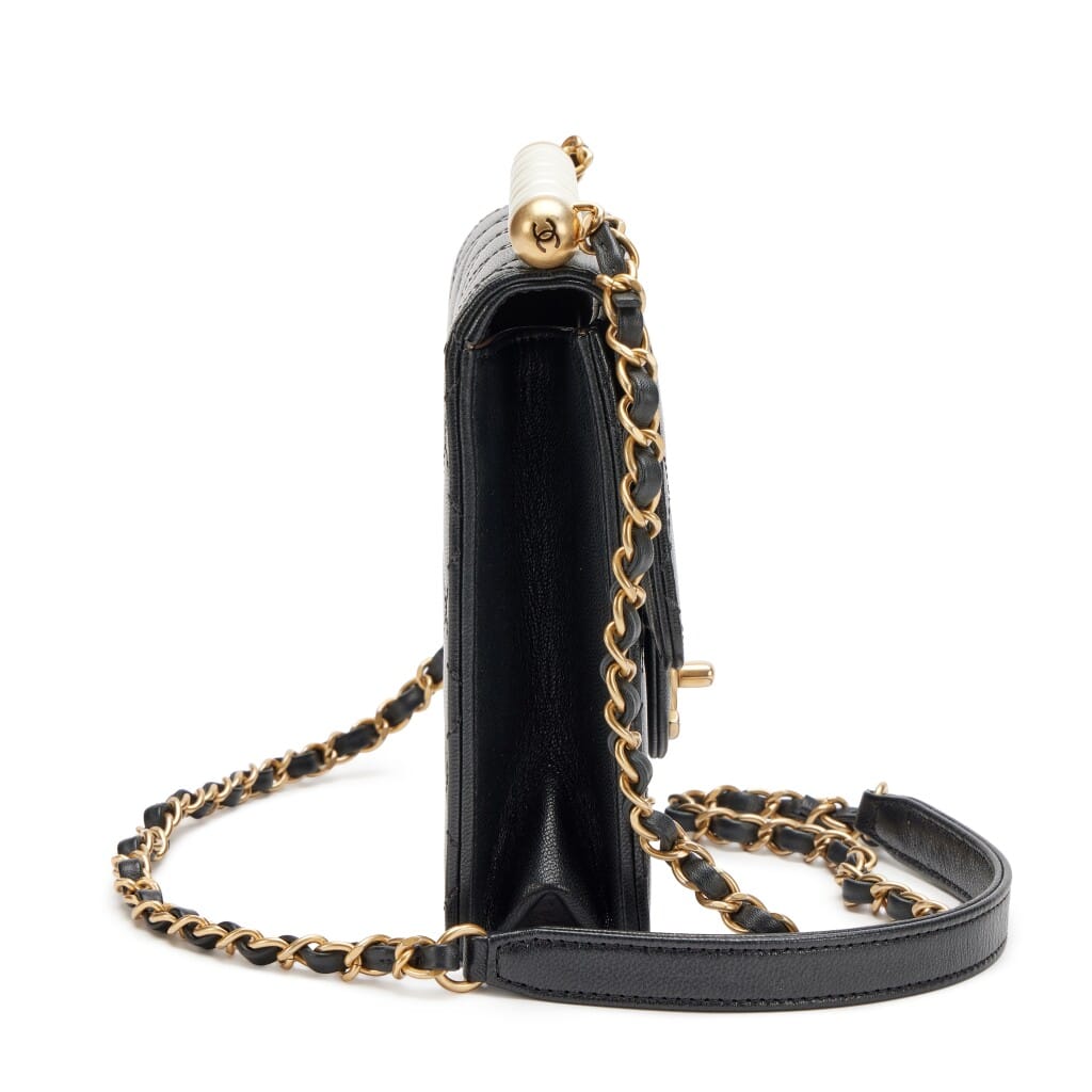 Black Quilted Goatskin Small Chic Pearls North South Flap Bag Aged Gold Hardware, 2020