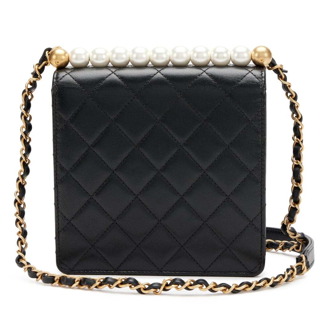Black Quilted Goatskin Small Chic Pearls North South Flap Bag Aged Gold Hardware, 2020