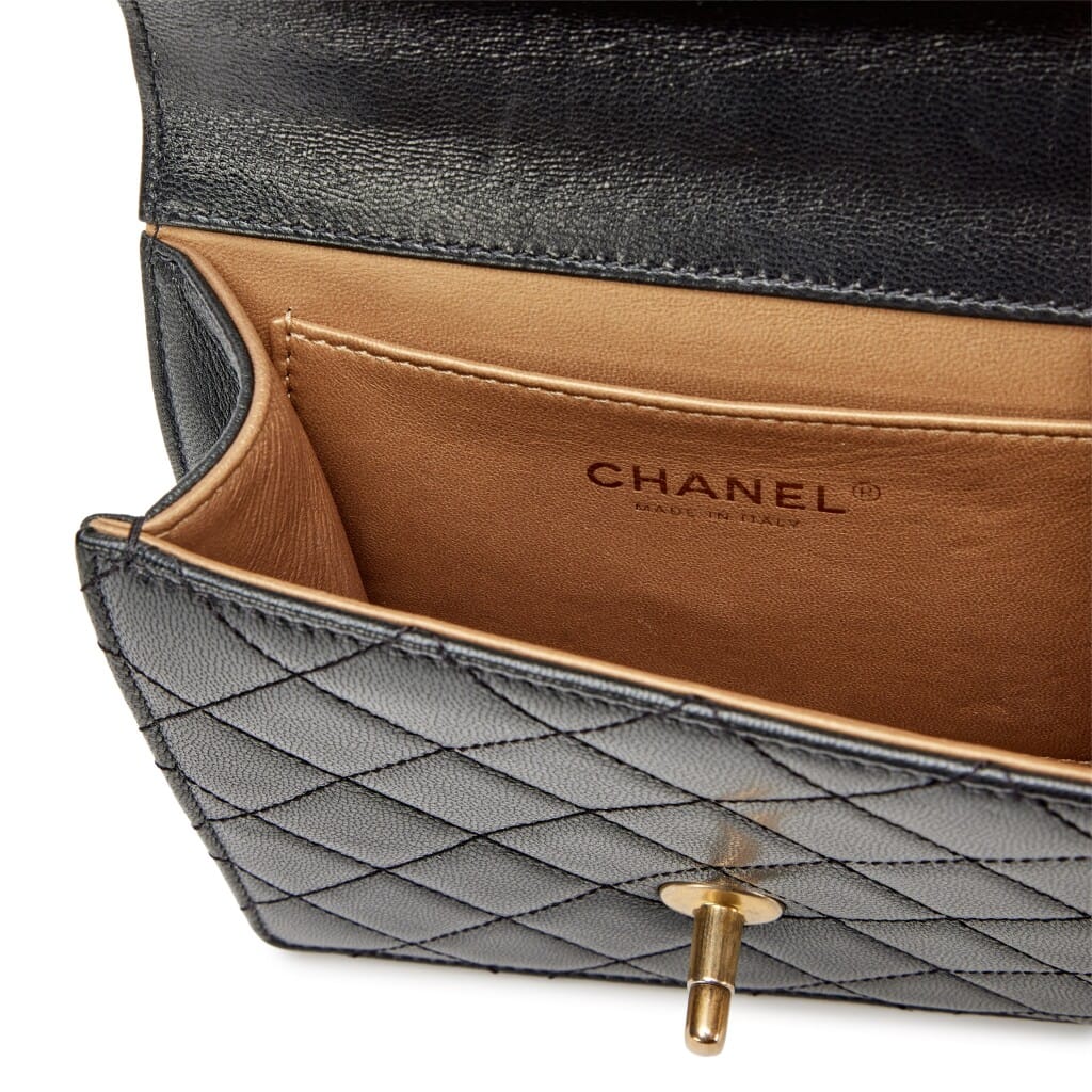 Black Quilted Goatskin Small Chic Pearls North South Flap Bag Aged Gold Hardware, 2020
