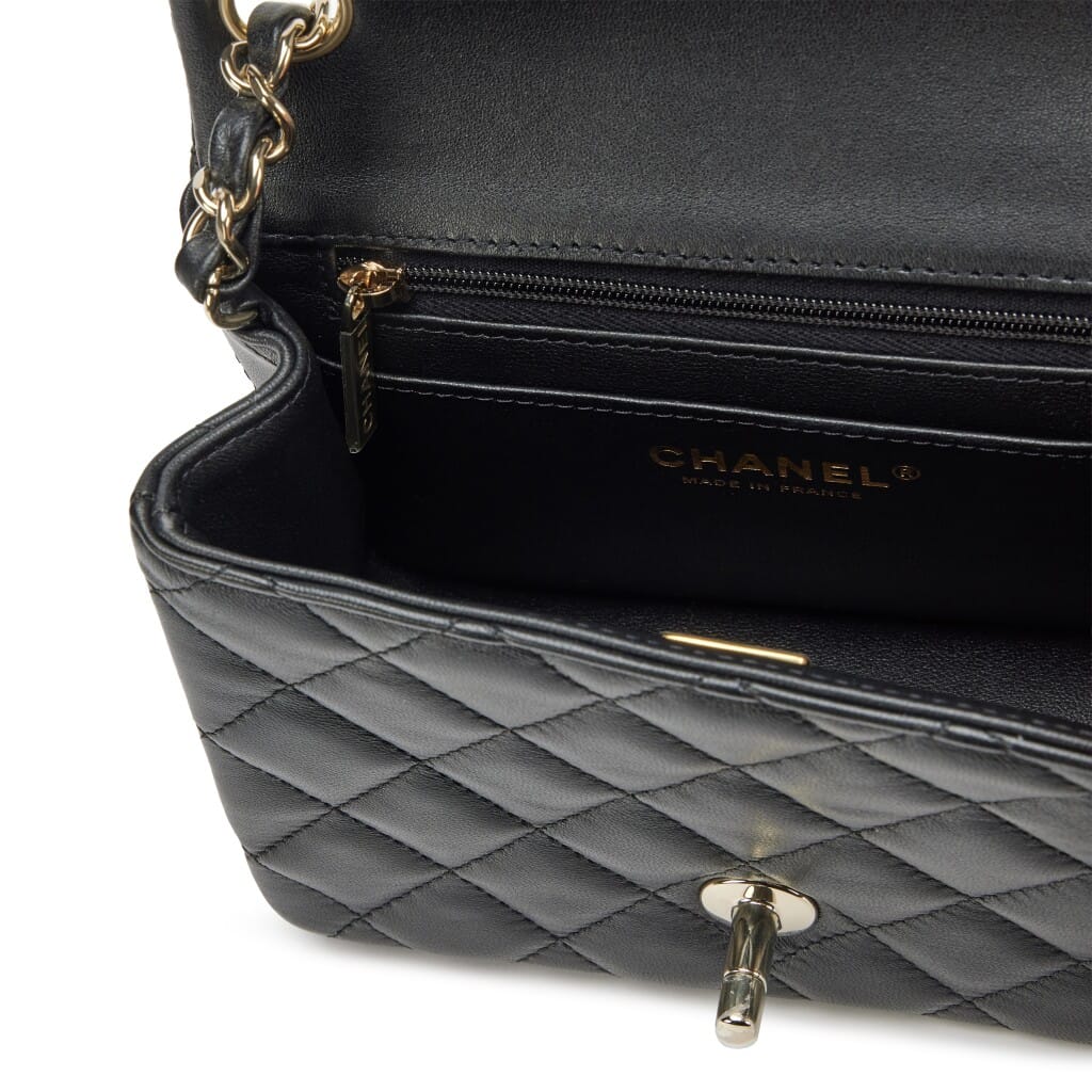 Black Quilted Lambskin Mini Square Classic Single Flap Bag Light Gold Hardware, 2026