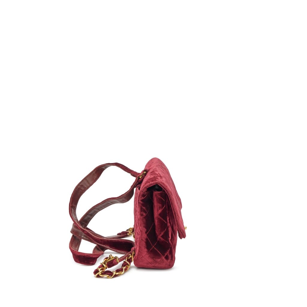 Vintage Burgundy Red Velvet Quilted Flap Backpack Gold Hardware, 1994-1996