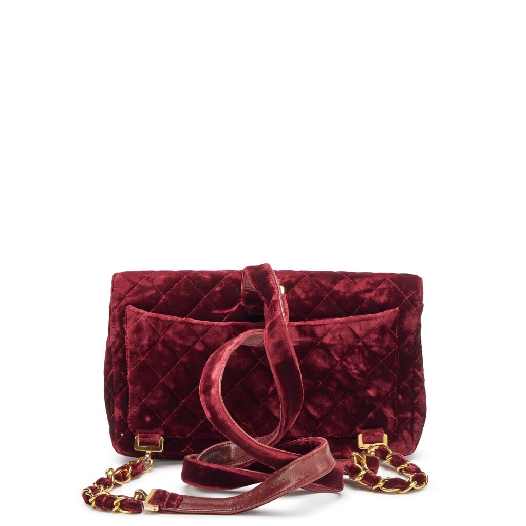 Vintage Burgundy Red Velvet Quilted Flap Backpack Gold Hardware, 1994-1996
