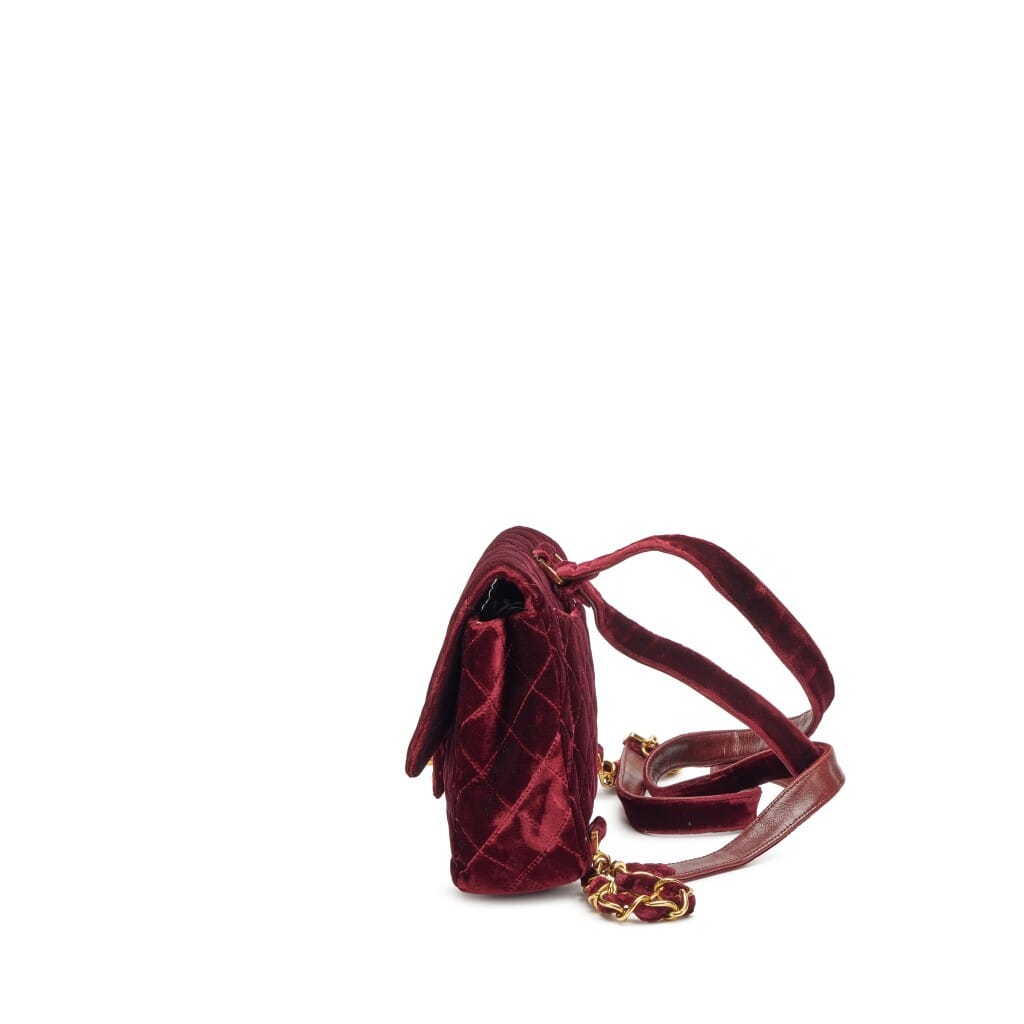 Vintage Burgundy Red Velvet Quilted Flap Backpack Gold Hardware, 1994-1996
