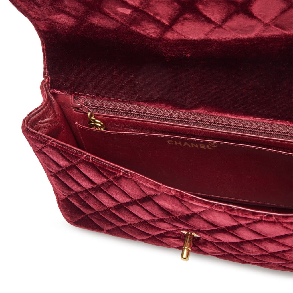 Vintage Burgundy Red Velvet Quilted Flap Backpack Gold Hardware, 1994-1996