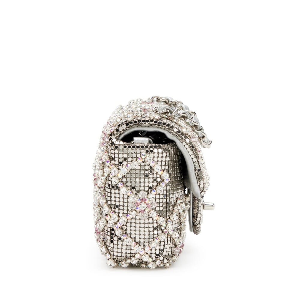 Silver Metal Mesh and Iridescent Crystal Strass Quilting CC Mini Flap Bag Silver Hardware, 2022