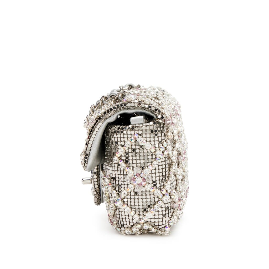 Silver Metal Mesh and Iridescent Crystal Strass Quilting CC Mini Flap Bag Silver Hardware, 2022