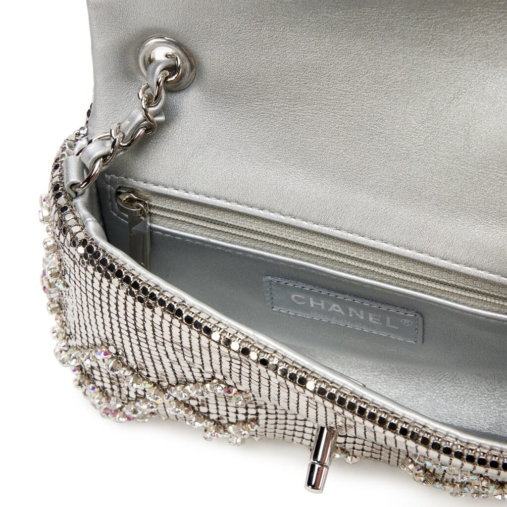 Silver Metal Mesh and Iridescent Crystal Strass Quilting CC Mini Flap Bag Silver Hardware, 2022