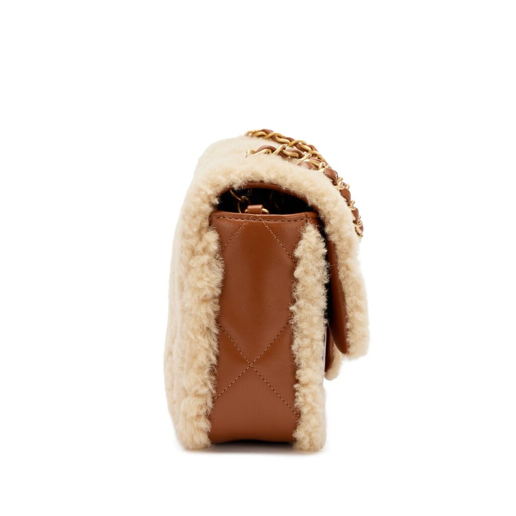 Beige Quilted Teddy Shearling and Caramel Brown Quilted Lambskin Medium Furry Coco Flap Bag Brushed Gold Hardware, 2024