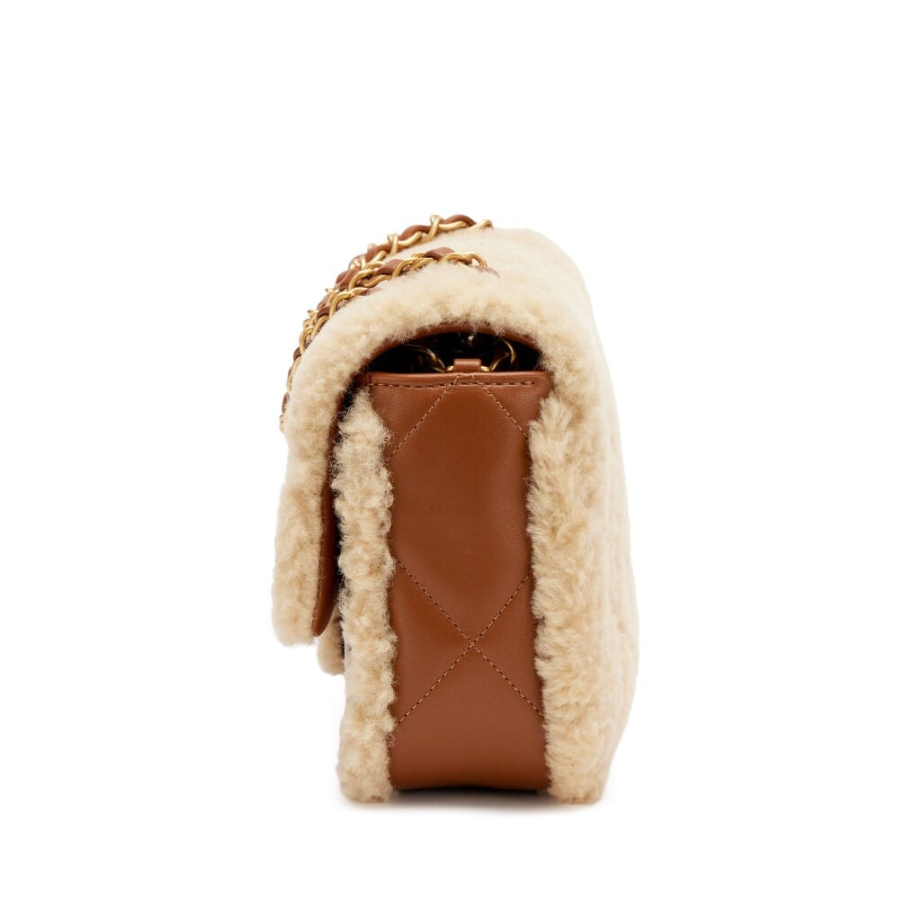 Beige Quilted Teddy Shearling and Caramel Brown Quilted Lambskin Medium Furry Coco Flap Bag Brushed Gold Hardware, 2024