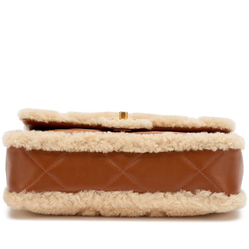 Beige Quilted Teddy Shearling and Caramel Brown Quilted Lambskin Medium Furry Coco Flap Bag Brushed Gold Hardware, 2024
