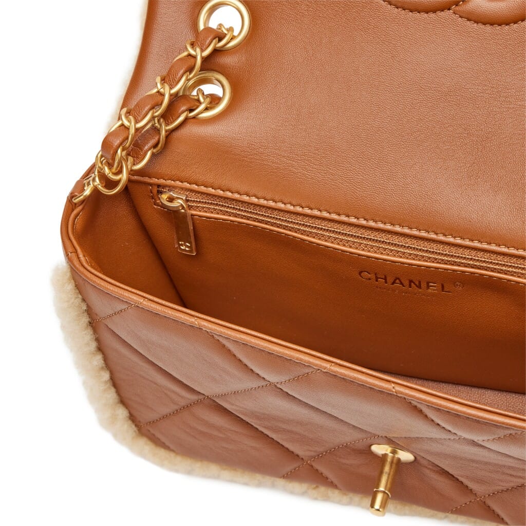 Beige Quilted Teddy Shearling and Caramel Brown Quilted Lambskin Medium Furry Coco Flap Bag Brushed Gold Hardware, 2024