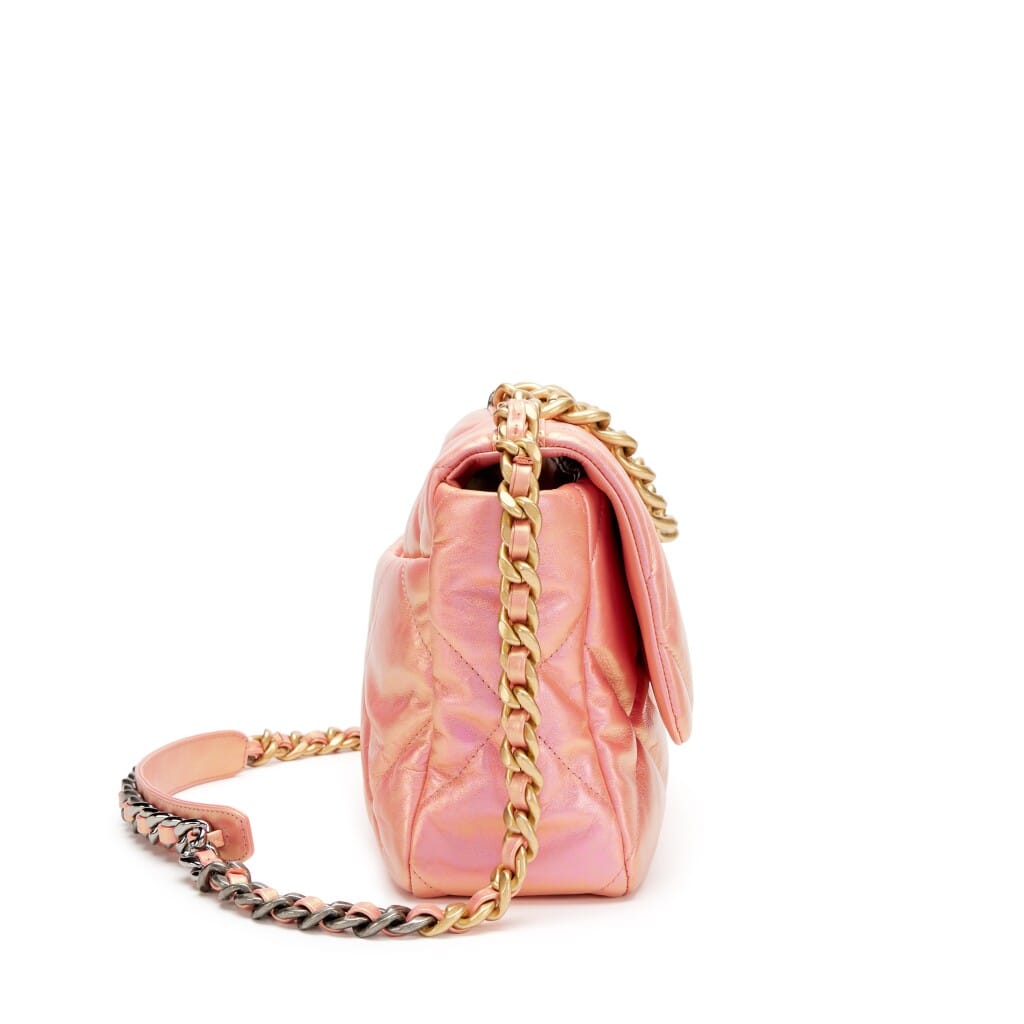 Chanel Pink Iridescent Quilted Calfskin Medium 19 Flap Gold, Silver and Ruthenium Hardware, 2021