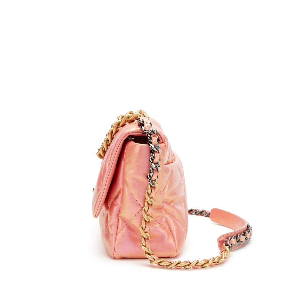 Chanel Pink Iridescent Quilted Calfskin Medium 19 Flap Gold, Silver and Ruthenium Hardware, 2021