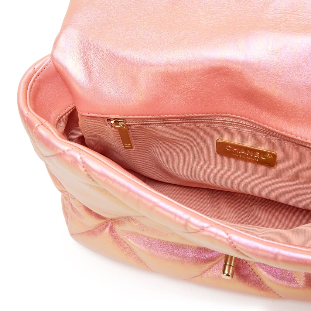 Chanel Pink Iridescent Quilted Calfskin Medium 19 Flap Gold, Silver and Ruthenium Hardware, 2021