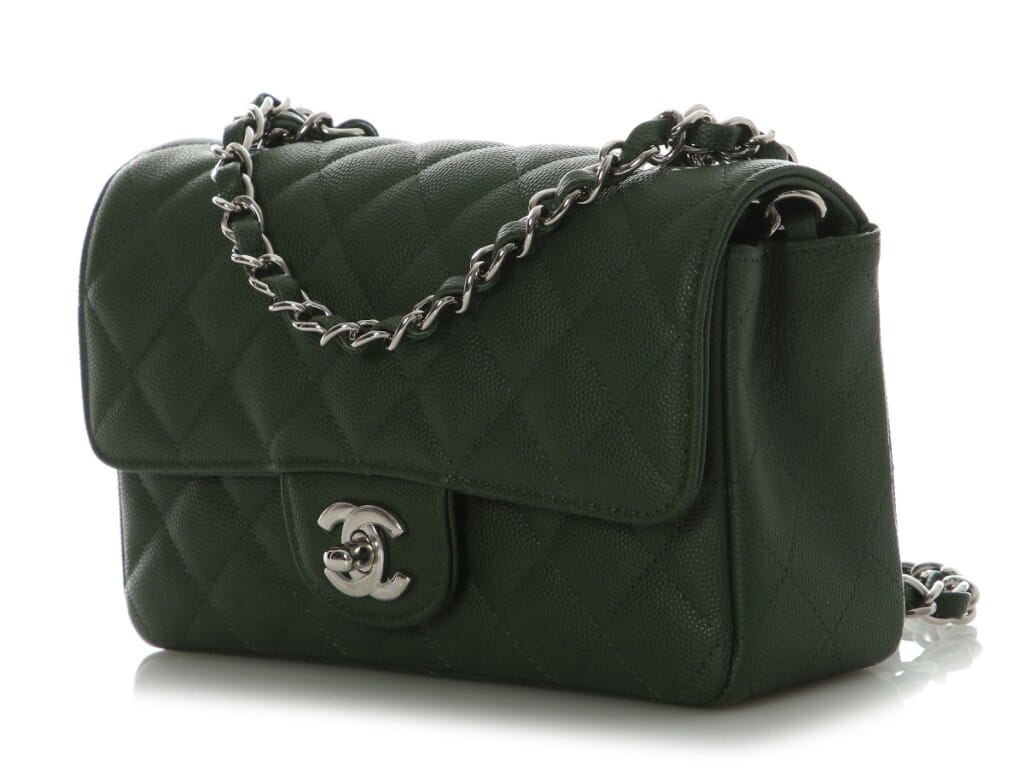Dark Green Quilted Caviar Classic Mini Flap Bag Silver Hardware, 2018