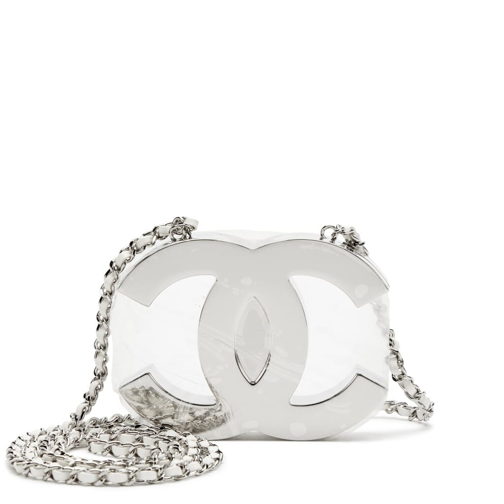 Silver Metal White Lambskin CC Mirror Mini Minaudière Silver Hardware, 2025