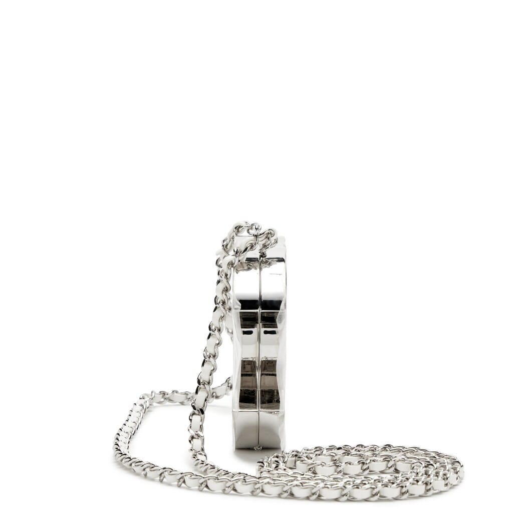Silver Metal White Lambskin CC Mirror Mini Minaudière Silver Hardware, 2025