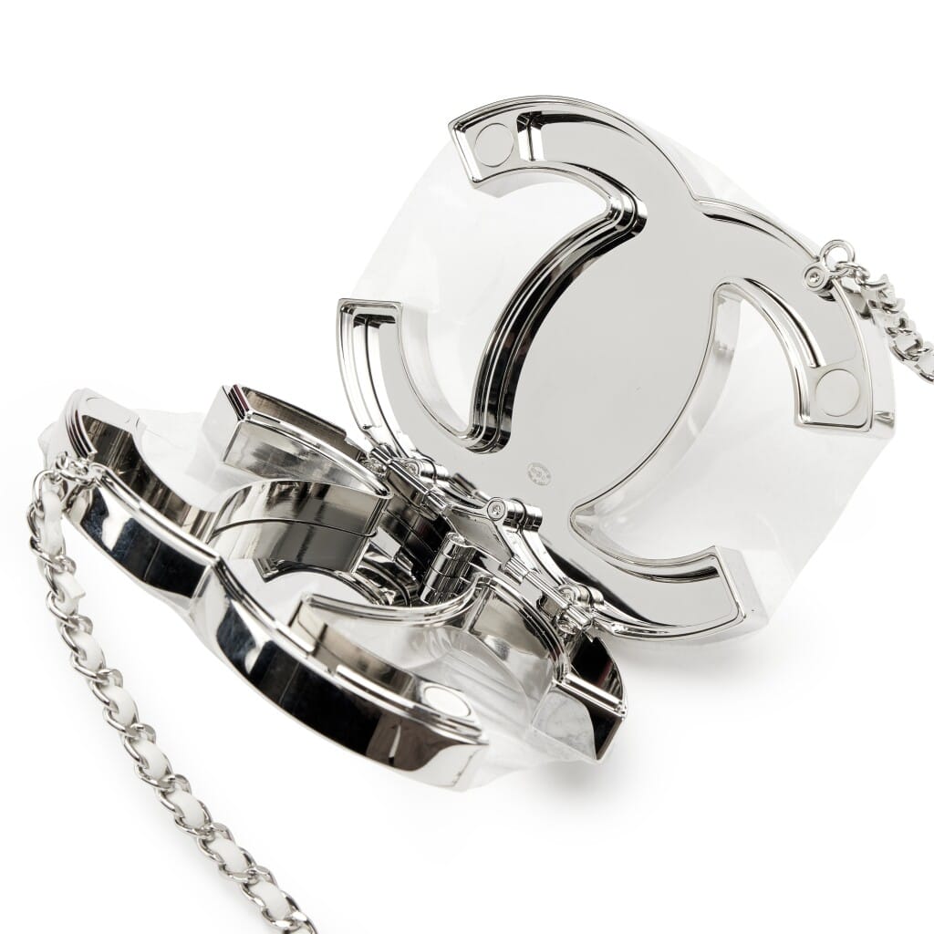 Silver Metal White Lambskin CC Mirror Mini Minaudière Silver Hardware, 2025