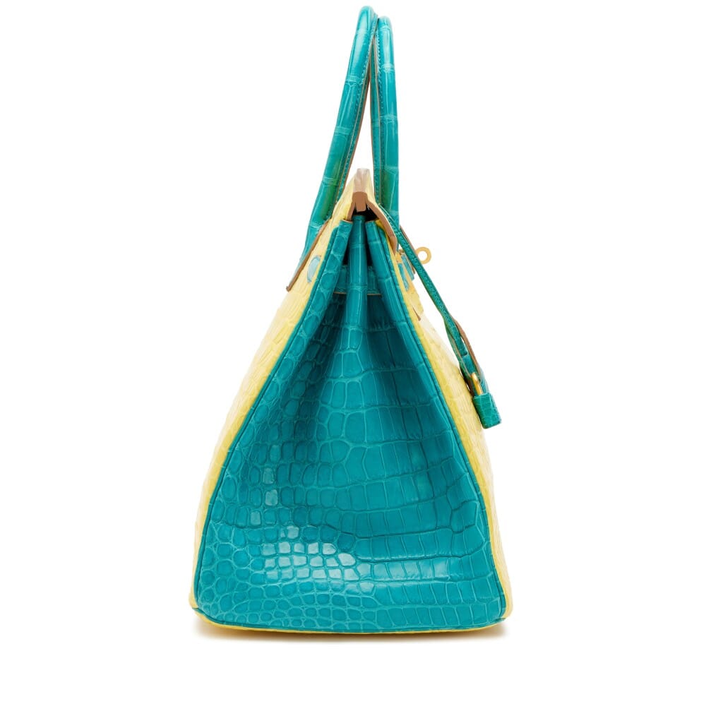 Bleu Paon and Mimosa Matte Porosus Crocodile HSS Birkin 35 Brushed Gold Hardware, 2017