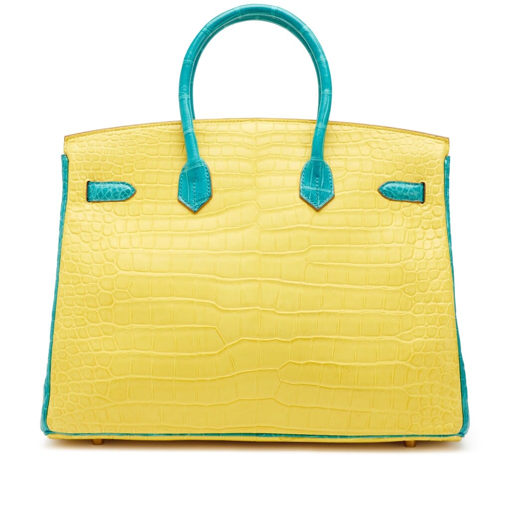 Bleu Paon and Mimosa Matte Porosus Crocodile HSS Birkin 35 Brushed Gold Hardware, 2017