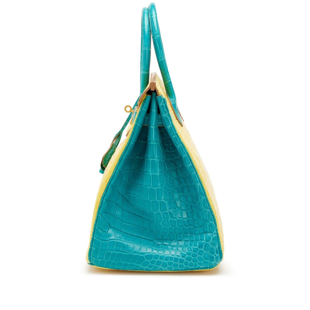 Bleu Paon and Mimosa Matte Porosus Crocodile HSS Birkin 35 Brushed Gold Hardware, 2017