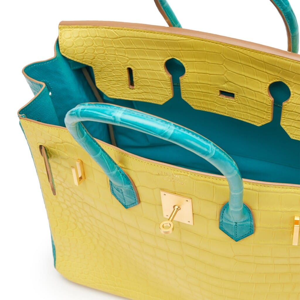 Bleu Paon and Mimosa Matte Porosus Crocodile HSS Birkin 35 Brushed Gold Hardware, 2017