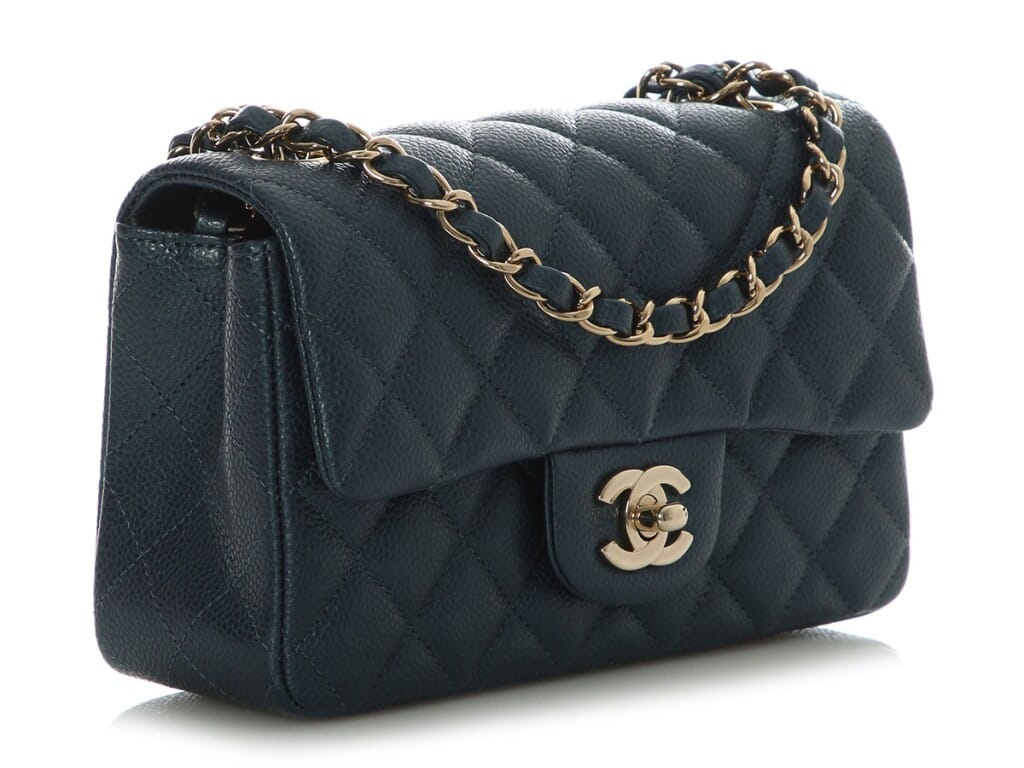 Dark Blue Quilted Caviar Mini Classic Flap Bag Gold Hardware, 2018