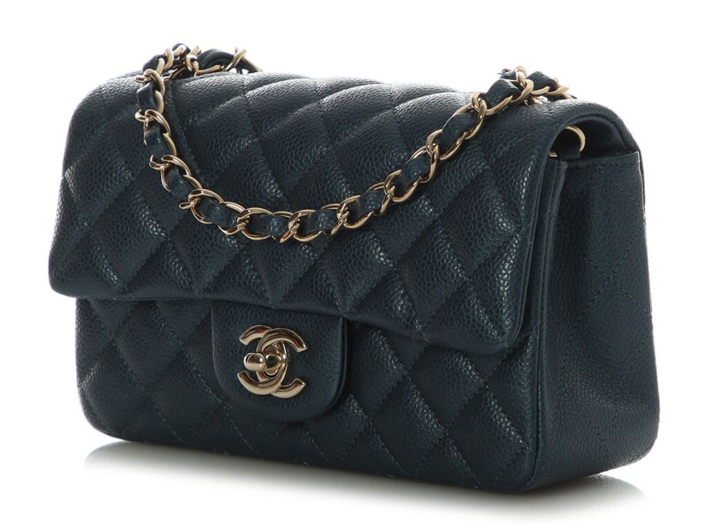 Dark Blue Quilted Caviar Mini Classic Flap Bag Gold Hardware, 2018