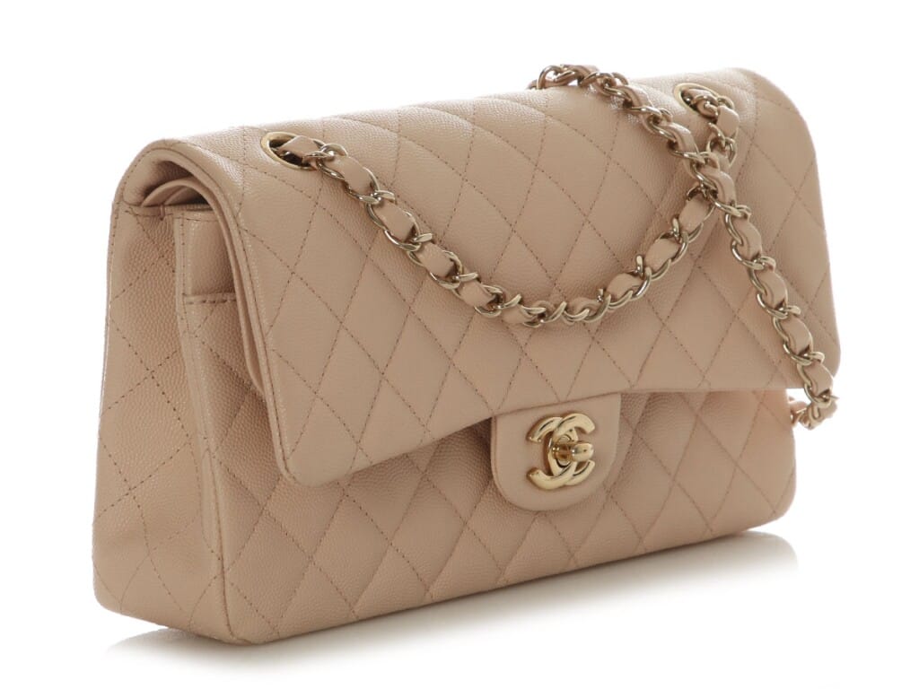 Beige Quilted Caviar Medium Classic Double Flap Bag Gold Hardware, 2022