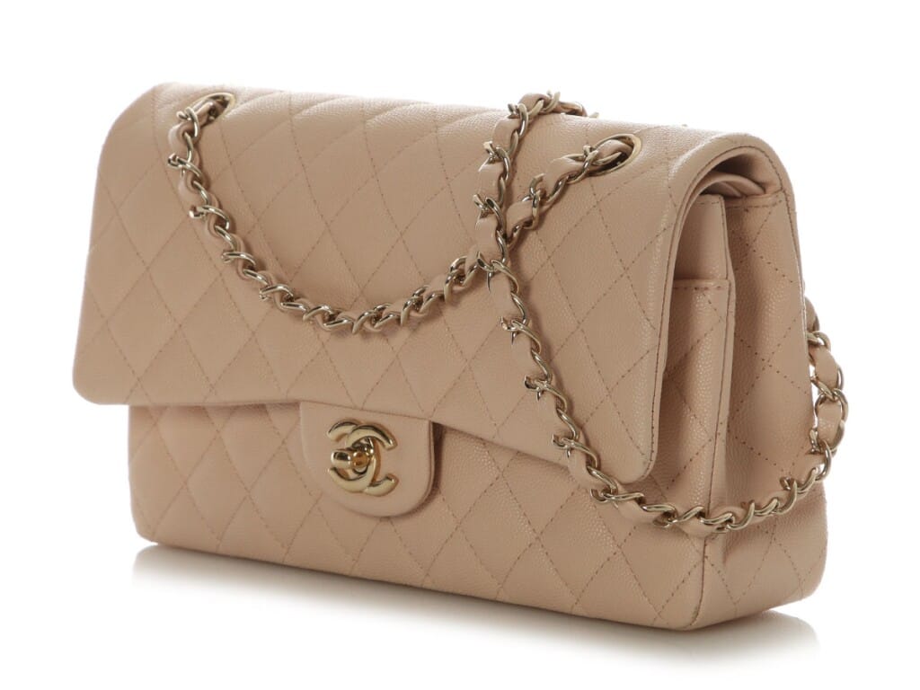 Beige Quilted Caviar Medium Classic Double Flap Bag Gold Hardware, 2022