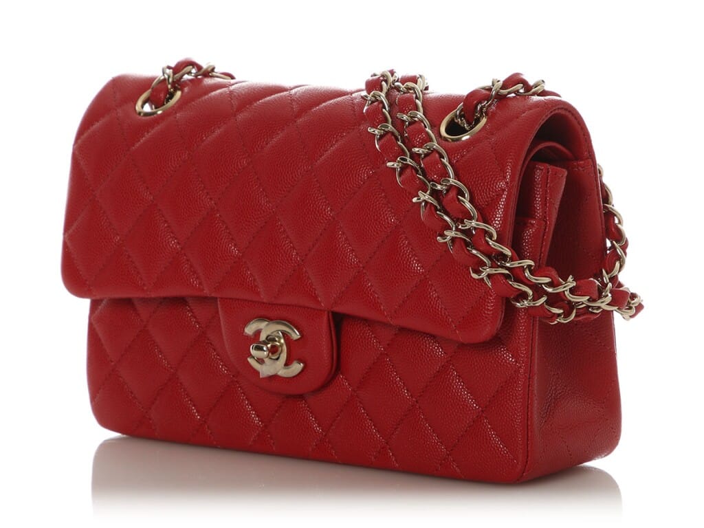 Red Quilted Caviar Small Double Flap Bag Gold Hardware, 2019-2020