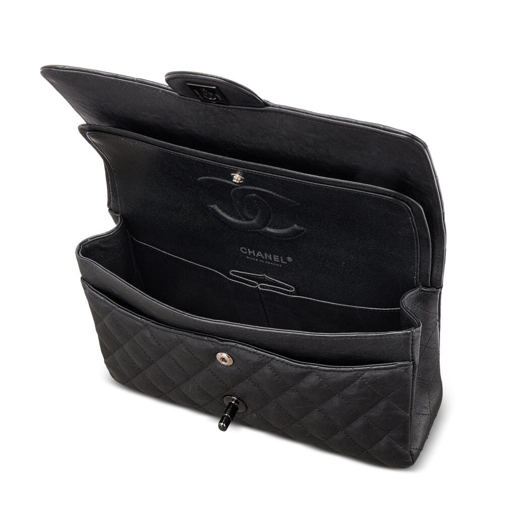 Black Quilted Textured Calfskin So Black Timeless Classic Double Flap Black Hardware, 2016-17