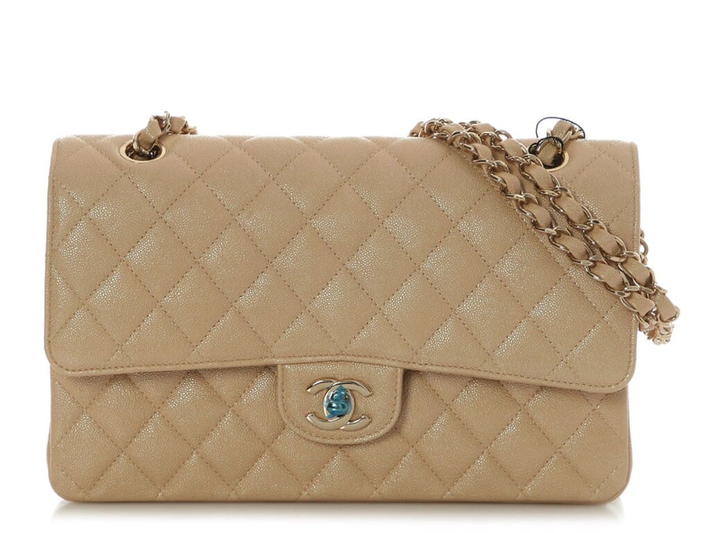 Iridescent Beige Quilted Caviar Medium Classic Double Flap Bag Gold Hardware, 2019