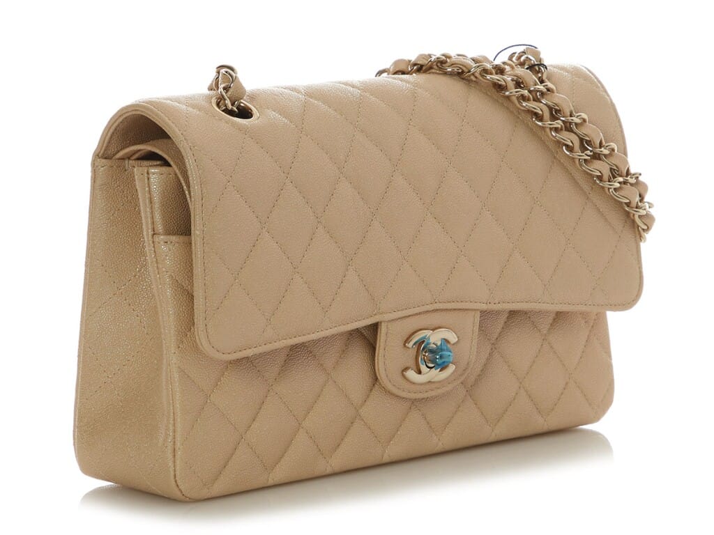 Iridescent Beige Quilted Caviar Medium Classic Double Flap Bag Gold Hardware, 2019
