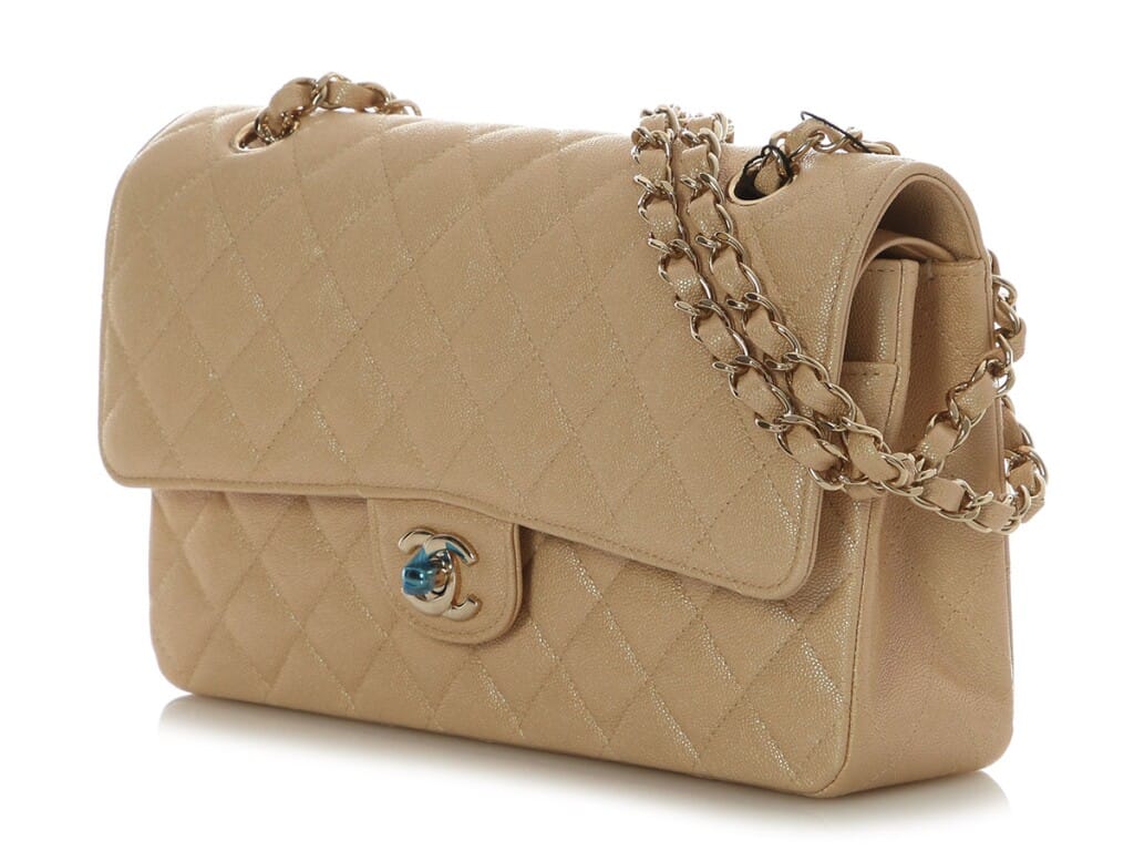 Iridescent Beige Quilted Caviar Medium Classic Double Flap Bag Gold Hardware, 2019