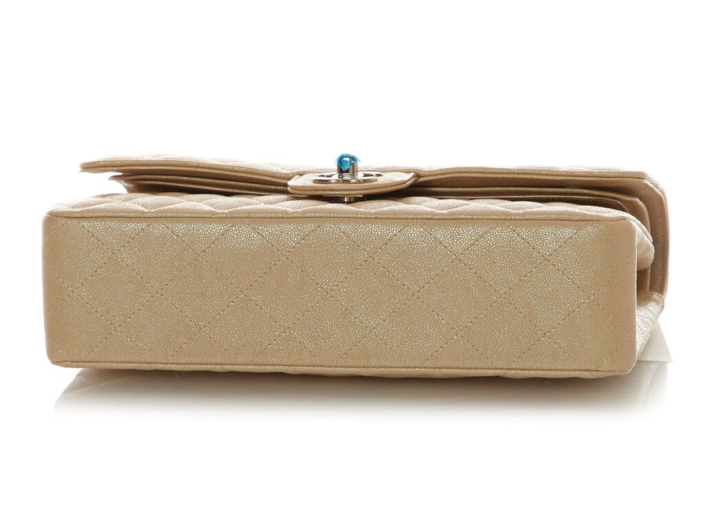 Iridescent Beige Quilted Caviar Medium Classic Double Flap Bag Gold Hardware, 2019