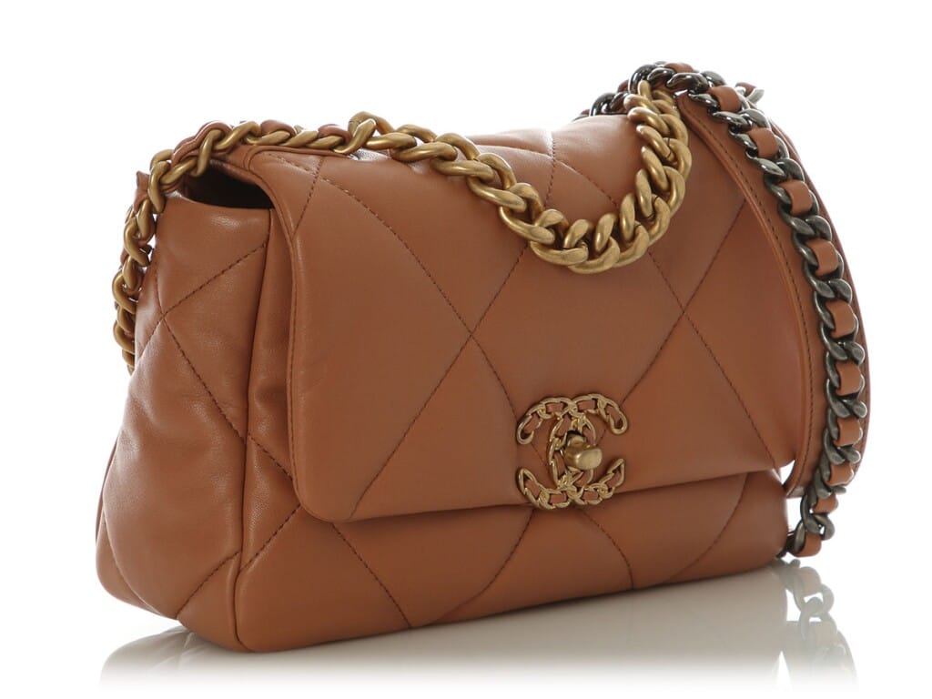Brown Quilted Lambskin Chanel 19 Medium Flap Bag Aged Gold and Ruthenium Hardware, 2021