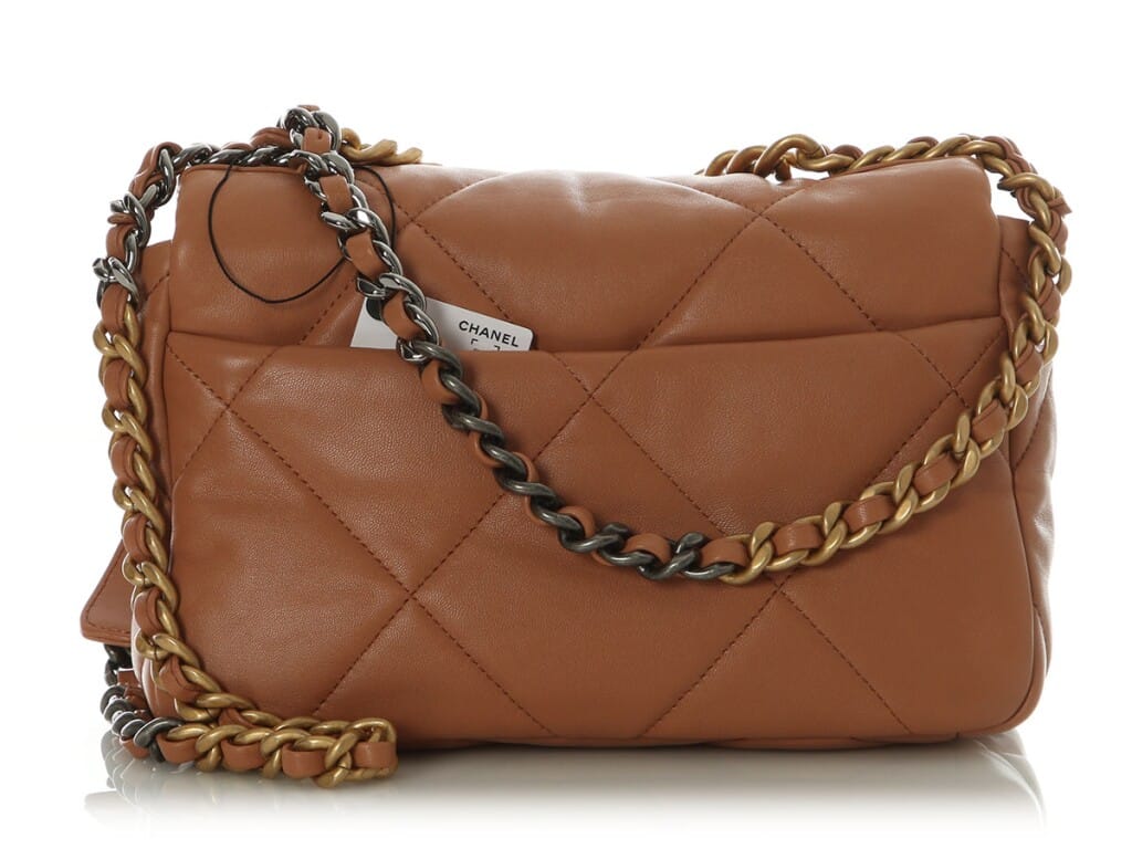 Brown Quilted Lambskin Chanel 19 Medium Flap Bag Aged Gold and Ruthenium Hardware, 2021
