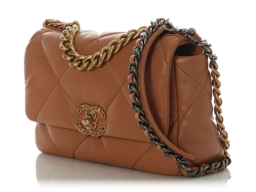 Brown Quilted Lambskin Chanel 19 Medium Flap Bag Aged Gold and Ruthenium Hardware, 2021