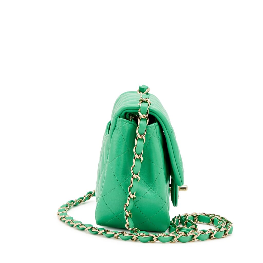 Green Quilted Lambskin Mini Square Flap Bag Light Gold Hardware, 2019