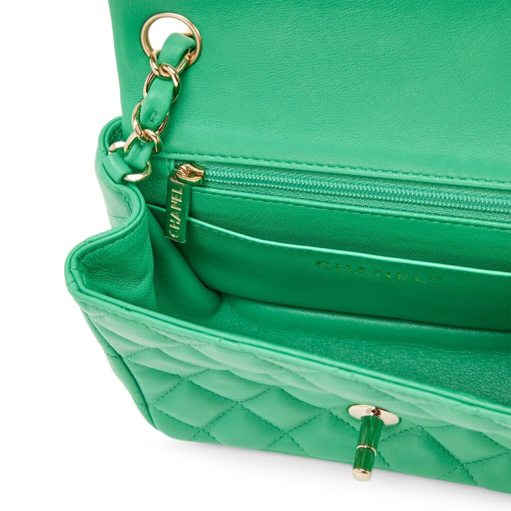 Green Quilted Lambskin Mini Square Flap Bag Light Gold Hardware, 2019