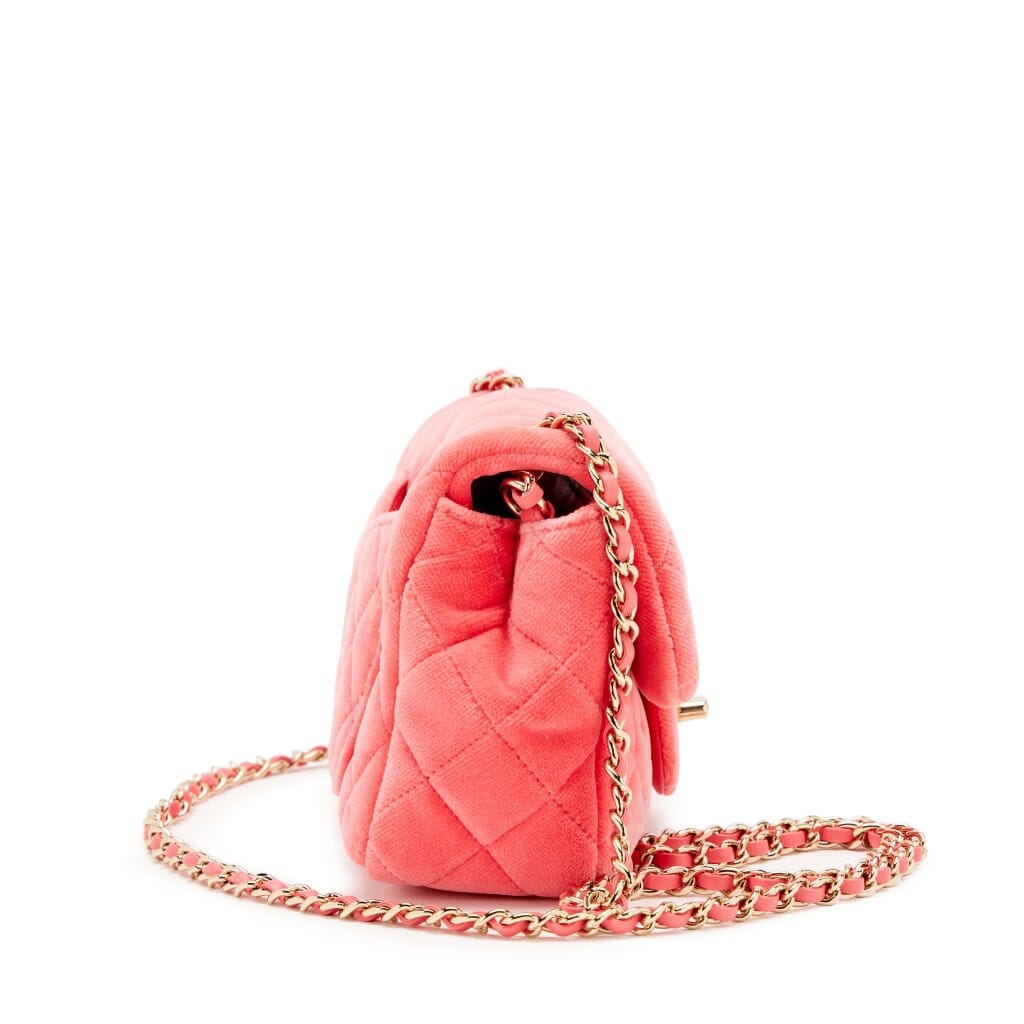 Pink Velvet Quilted Pearl Crush Mini Rectangular Flap Bag Gold Hardware, 2020