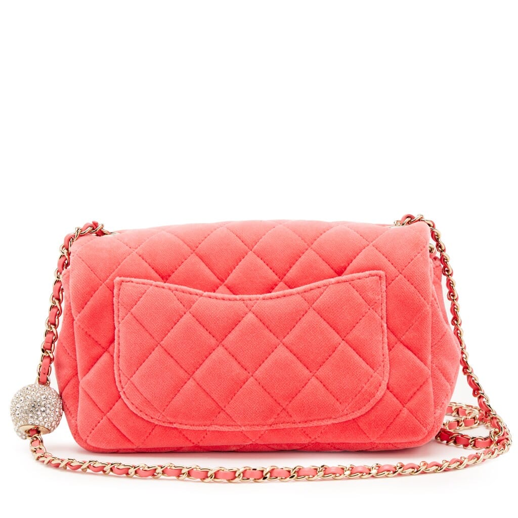 Pink Velvet Quilted Pearl Crush Mini Rectangular Flap Bag Gold Hardware, 2020