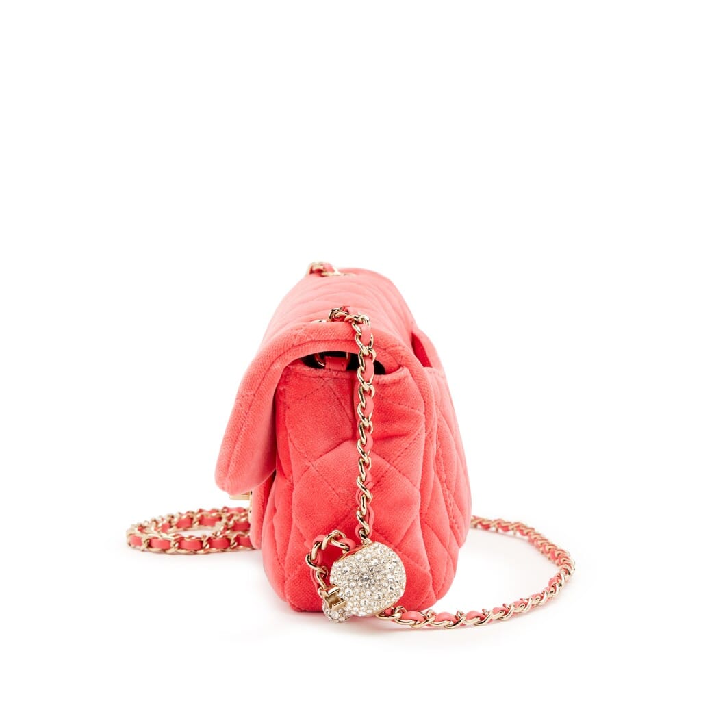 Pink Velvet Quilted Pearl Crush Mini Rectangular Flap Bag Gold Hardware, 2020