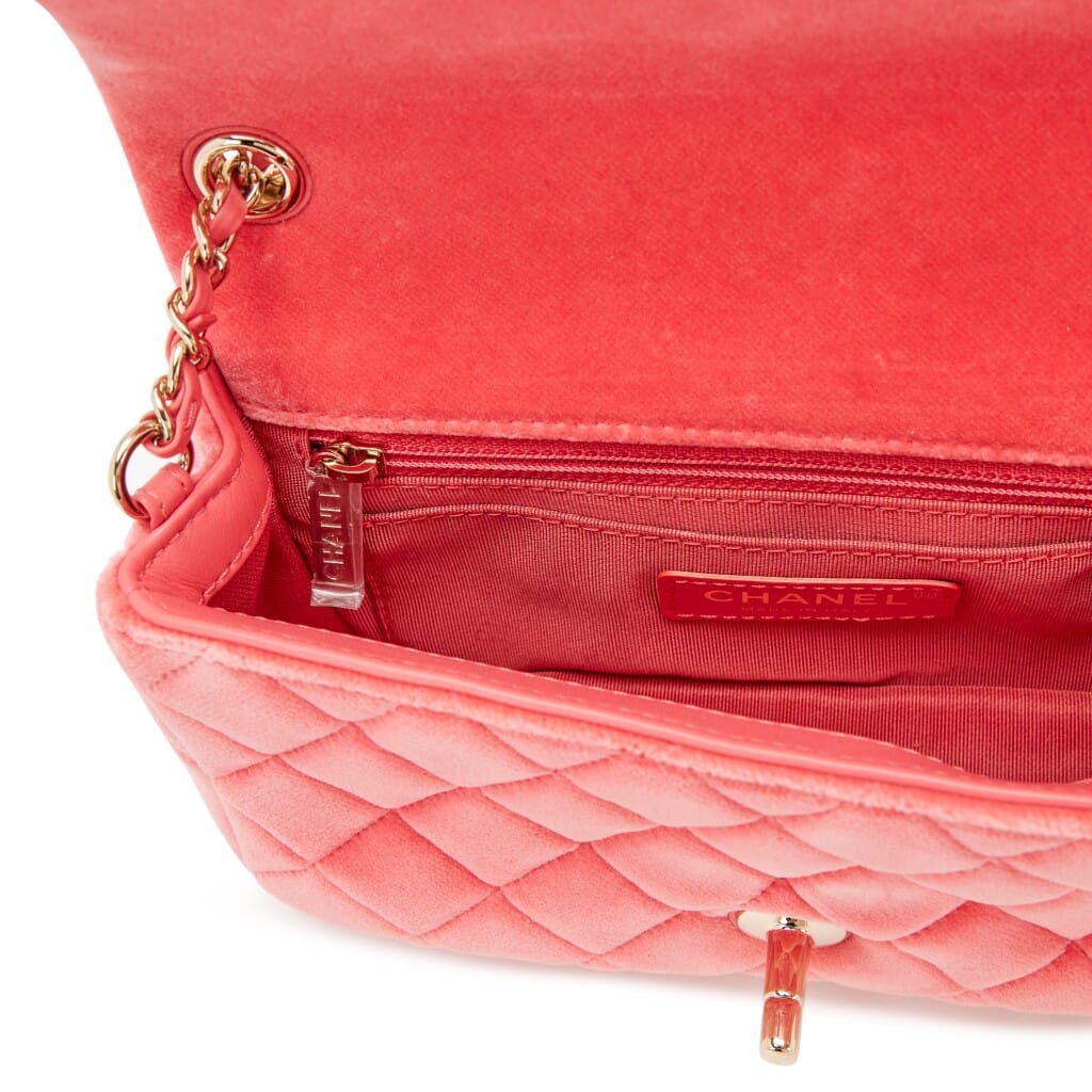 Pink Velvet Quilted Pearl Crush Mini Rectangular Flap Bag Gold Hardware, 2020