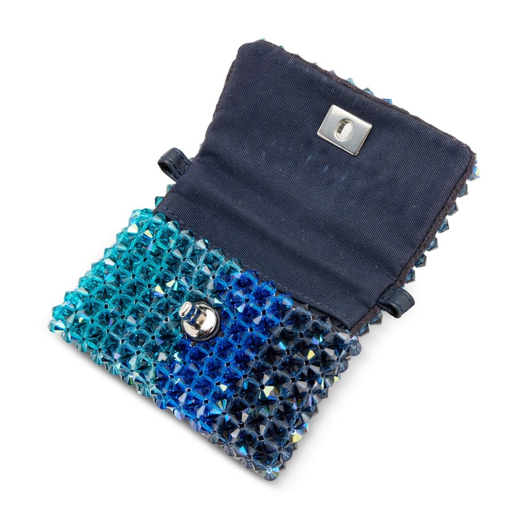 Blue and Green Iridescent Crystal Micro Flap Card Holder Silver Hardware, 2020